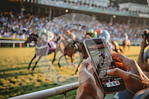 A spectator betting live horse racing on a smartphone, with the race in soft focus and the screen.