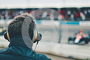 spectator with earmuffs at a car racing event