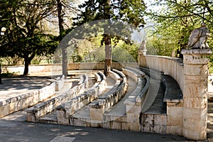 Spectator seats of Old Amphitheater in small resort mountain city Dilijan, Armenia