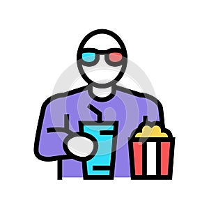 spectator watching movie and eating popcorn in cinema color icon vector illustration