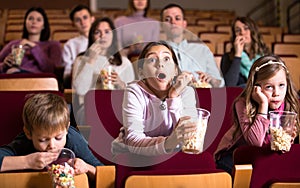 Spectators attending movie night with popcorn
