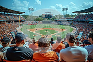 Spectators in the stands watch the game of baseball: fun and excitement at the sports stadium