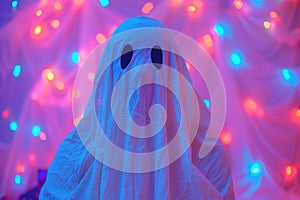 Spectral figure in ghostly attire against pink and blue bokeh lights, embodying Halloween festivity