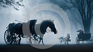 A spectral horse-drawn carriage traveling through the mist