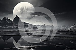 Spectral Monochrome big moon above the mountains. Generate ai