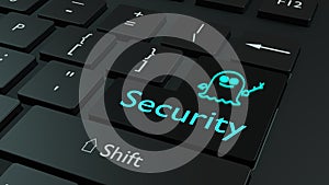 Spectre symbol in light blue on black keyboard enter key cybersecurity concept