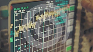 spectrum analyzer screen with megahertz decibels, finger push buttons