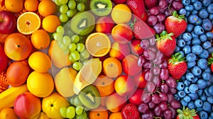 A spectrum of fruits arranged to create a rainbow of colors