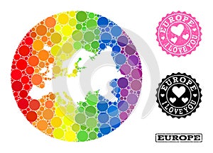 Spectrum Mosaic Hole Circle Map of Europe and Love Grunge Seal for LGBT