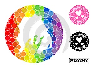 Spectrum Mosaic Hole Circle Map of Gambier Island and Love Scratched Stamp for LGBT