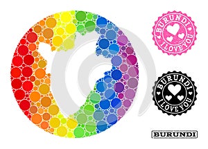 Spectrum Mosaic Stencil Circle Map of Burundi and Love Grunge Stamp for LGBT
