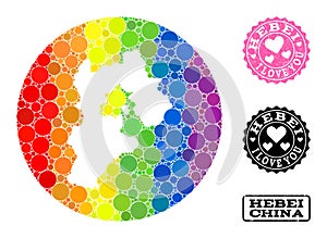 Spectrum Mosaic Stencil Round Map of Hebei Province and Love Scratched Stamp for LGBT