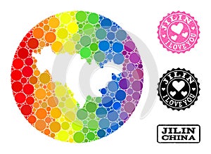 Spectrum Mosaic Stencil Round Map of Jilin Province and Love Grunge Seal for LGBT