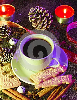 Speculaas biscuits on the table with christmas decoration and spices