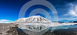 Specular reflection of the mountain in quiet water on Spitsbergen