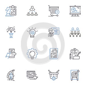 Speculating and theorizing line icons collection. Hypothesizing, Analyzing, Postulating, Conjecturing, Supposing