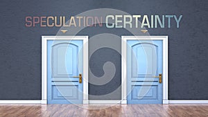 Speculation and certainty as a choice - pictured as words Speculation, certainty on doors to show that Speculation and certainty