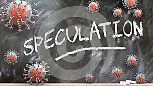 Speculation and covid virus - pandemic turmoil and Speculation pictured as corona viruses attacking a school blackboard with a