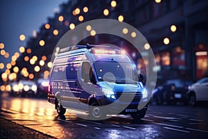 Spedition van with glowing lights. ai generative