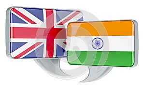 Speech balloons with British and Indian flags. English-Indian conversation concept, 3D rendering