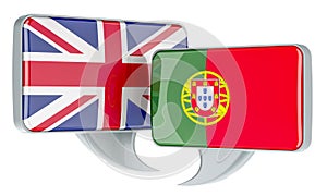 Speech balloons with British and Portuguese flags. English-Portuguese conversation concept, 3D rendering