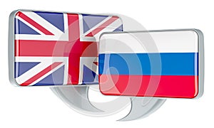 Speech balloons with British and Russian flags. English-Russian conversation concept, 3D rendering
