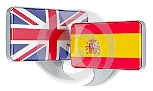 Speech balloons with British and Spanish flags. English-Spanish conversation concept, 3D rendering