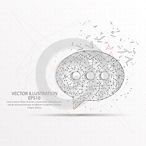 Speech bubble low poly wire frame on white background.