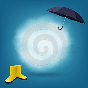 Speech bubble as cloud with black umbrella and yellow rain boots