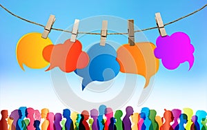Speech bubble. Communication crowd large group of people talking. Colored clouds. Chatter network. Dialogue between diverse people