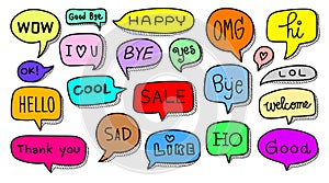 Speech bubble doodle with short messages on white background. Vector illustration EPS10. Hand drawn set of cute sketch online chat