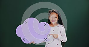 Speech bubble, face and girl child with hand pointing in studio agreement for mockup, news or feedback on green