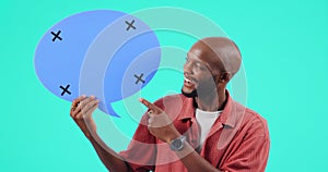 Speech bubble, face and man pointing to communication, social media opinion and talk, news or voice. African person