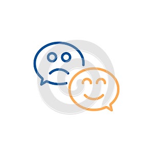 Speech bubble with happy smile and sad face. Vector thin line icon illustration design for customer satisfaction