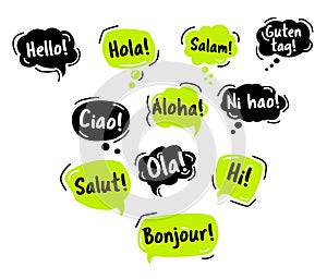 Discurso burbuja. Hola en diferente idiomas del mundo. pintado a mano garabatos 