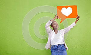 Speech bubble icon, black woman or social media heart emoji for love feedback, sms notification or communication