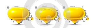 Speech bubble icons set with cursors. Yellow chat comment 3d icon. Talk message box. Social media dialog banner. Vector