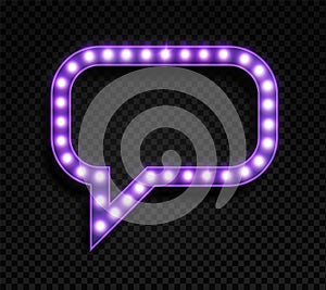 Speech bubble with lamps. Realistic glowing purple frame, shining retro design sign with bulbs, vintage show poster