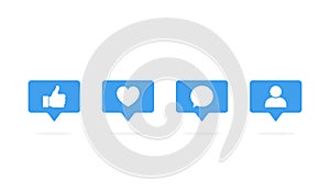 Speech bubble like, follower, comment, notification, heart, user icon set for social media