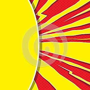 Speech bubble like yellow sun on red background. Pop art. Super heroic speed lines with explosion effect