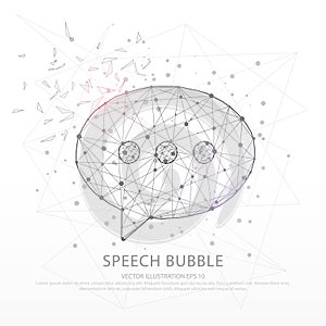 Speech bubble line and composition digitally drawn broken a part triangle shape and scattered dots low poly wire frame