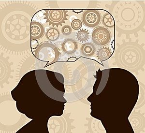 Speech bubble with male and female profiles