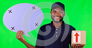 Speech bubble, mockup and a delivery black man on green screen in studio with a box for social media. Portrait