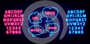 Speech bubble neon signs set. Love and xoxo text. Lol. Blue and pink alphabet. Vector illustration