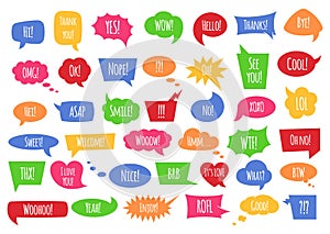 Speech bubble set with conversation phrases and words in isolated vector illustration