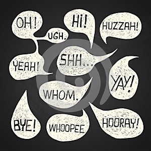 Speech bubble set with short phrases on chalkboard background 2