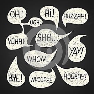 Speech bubble set with short phrases on chalkboard background 2 photo