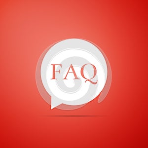 Speech bubble with text FAQ information icon isolated on red background. Circle button with text FAQ. Flat design