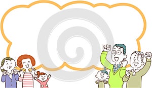 A speech bubble with the upper body of a fun three-generation family facing each other