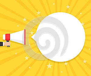 Speech bubbles announced by megaphone,flat vector illustration background.